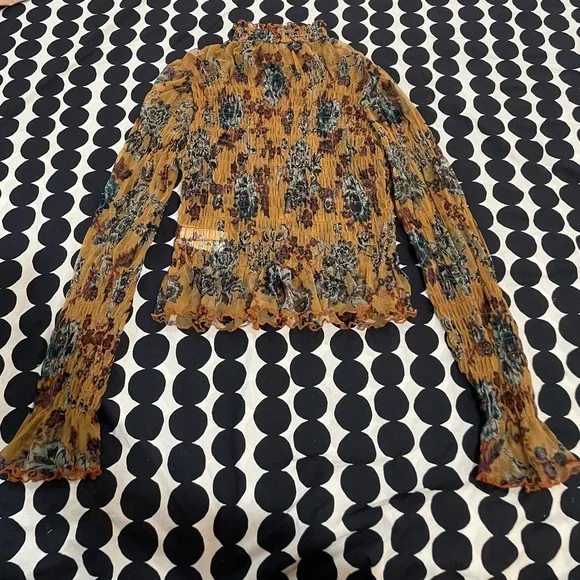Free People Mesh Floral Ruffle Long Sleeve Top, Sz Small - Picture 6 of 8
